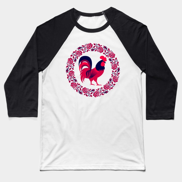 Rooster Blossom Baseball T-Shirt by MarynArts